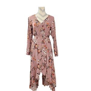 Women's Size XL Blush Pink Floral Print Hi Low Maxi Dress Long-Sleeve Elastic Wa